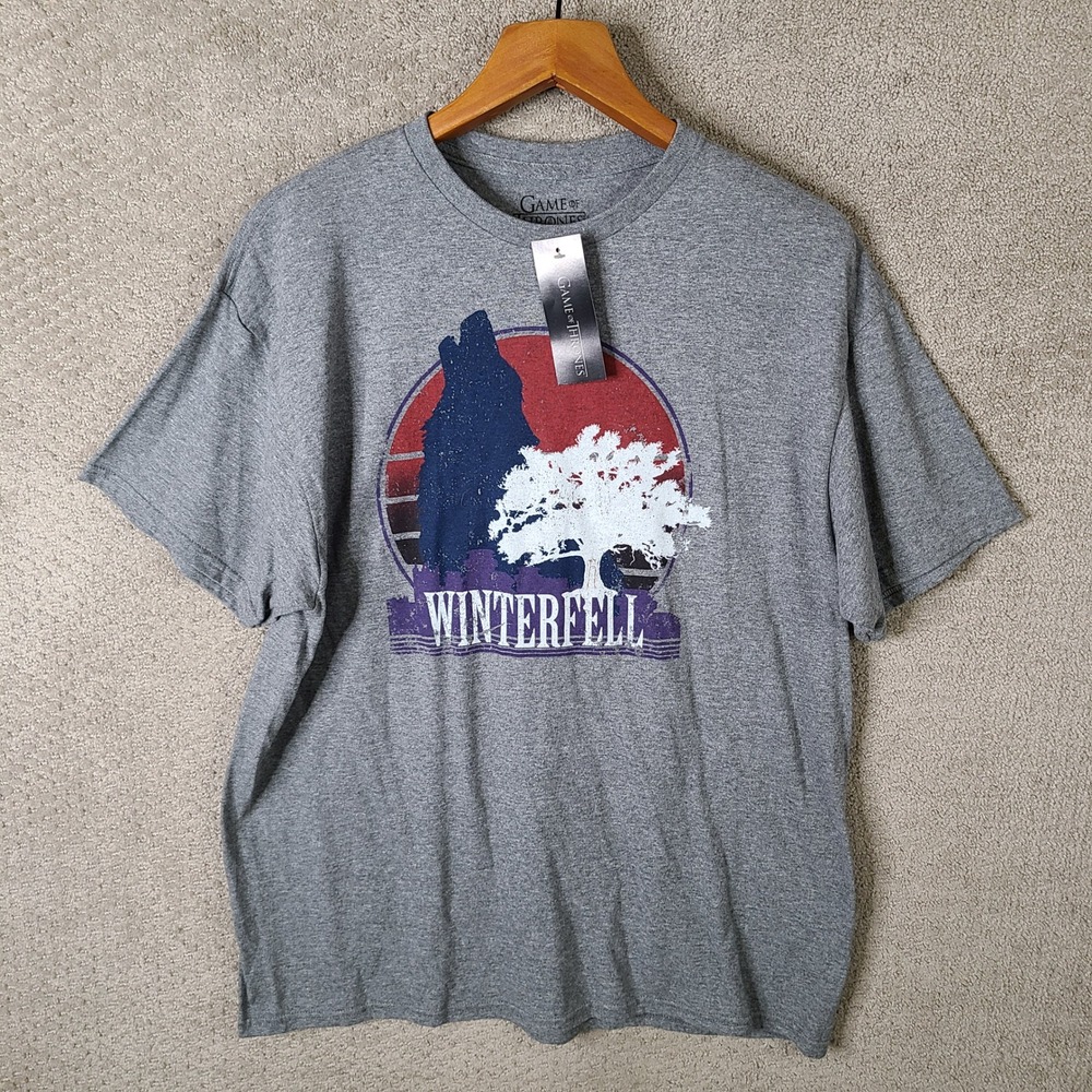 Game of Thrones Shirt Mens Large Gray Winterfell Stark Direwolf Tree Graphic NEW